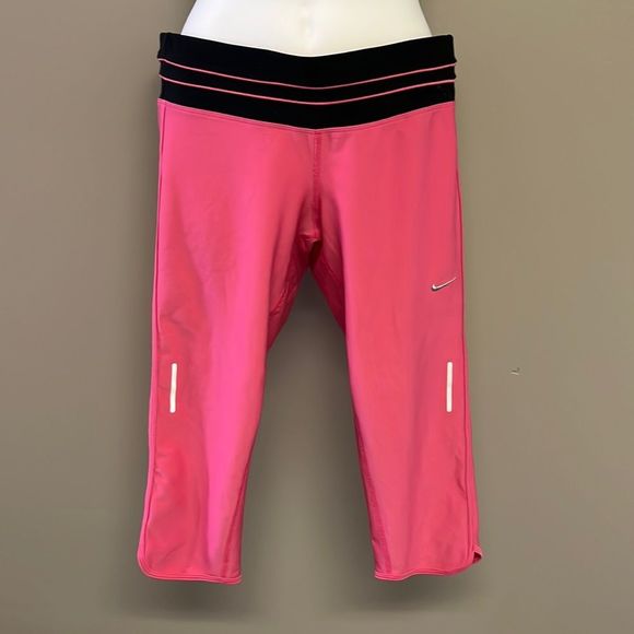 Nike Pants - Nike Dri-Fit Pink/Blk Capri Running Leggings w/ Drawstrings/Pocket/Reflectors- L